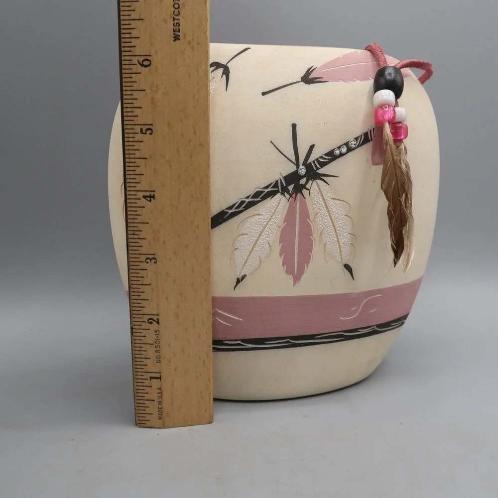 Pink White Rose Feather Vintage Native American Vase Pottery Vase Signed 6